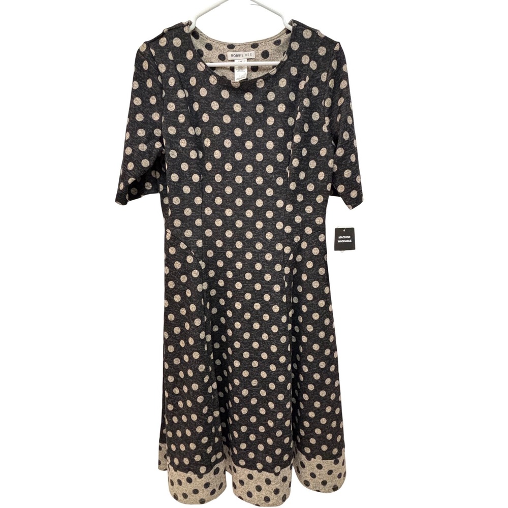 Robbie Bee Womens‎ Polka Dot Fit and Flare Knit Dress Black Tan RB62894A Med NWT